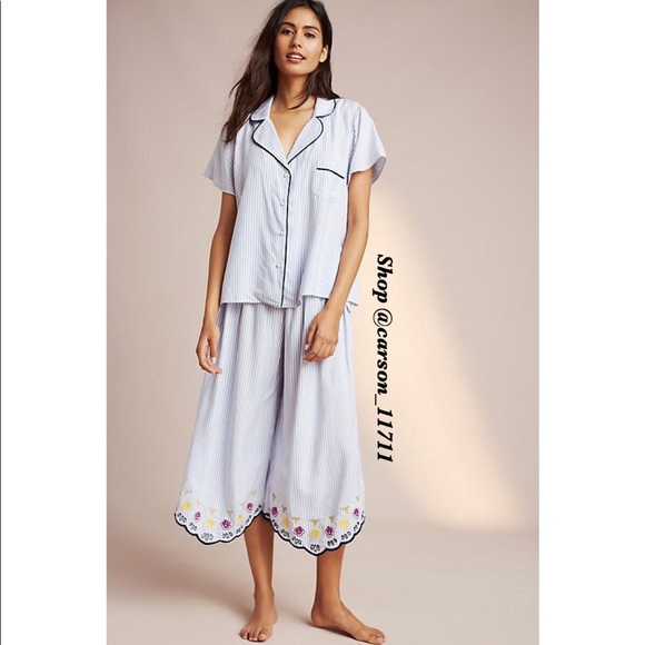 NWT Anthropologie Pinstripe Embroidered Sleep Pants XSP - Picture 4 of 5